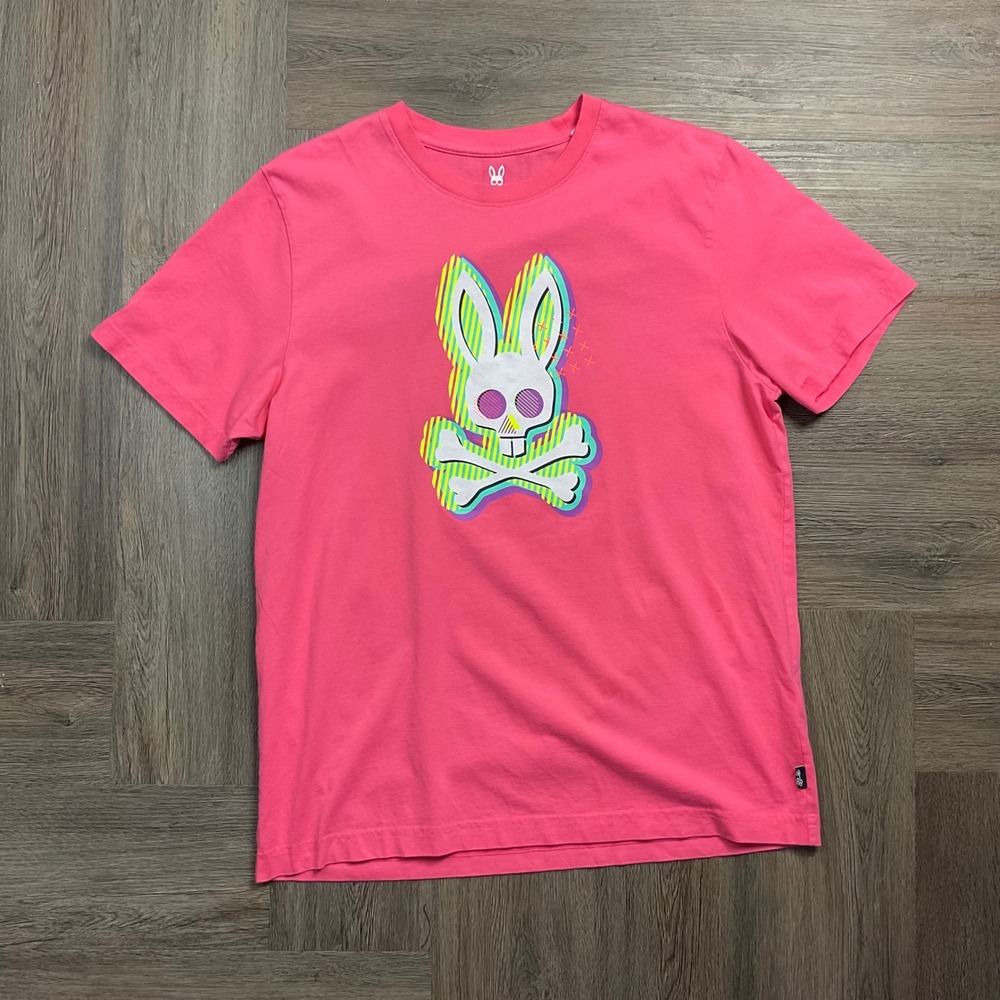 Psycho Bunny Graphic Tee Pima Cotton T-Shirt Mens 5 Medium Pink Neon Tennis